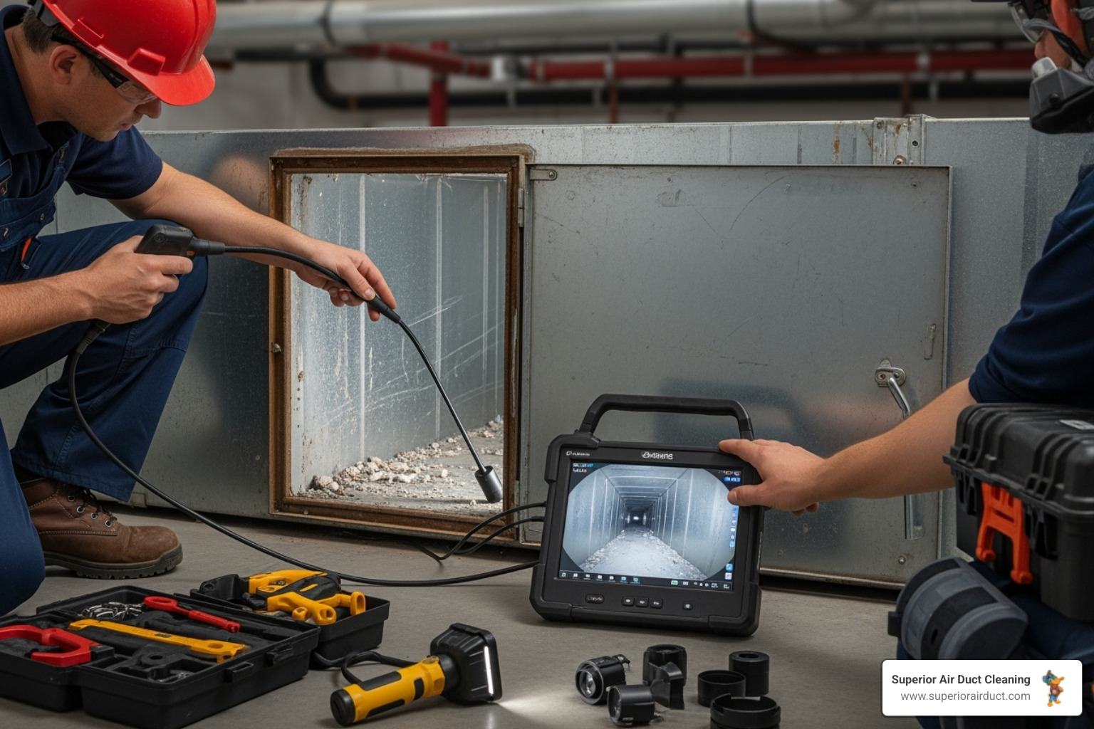 technician using a video inspection camera inside a duct - Duct Cleaning in Pittsburgh