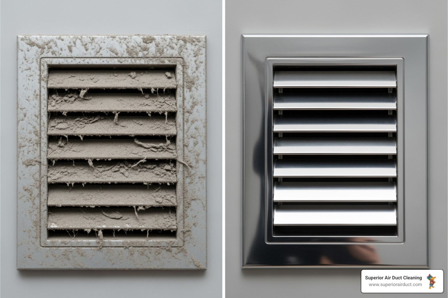 Dusty air vent cover contrasted with a clean one - Air Duct Cleaning in Pittsburgh Dusty air vent cover contrasted with a clean one - Air Duct Cleaning in Pittsburgh