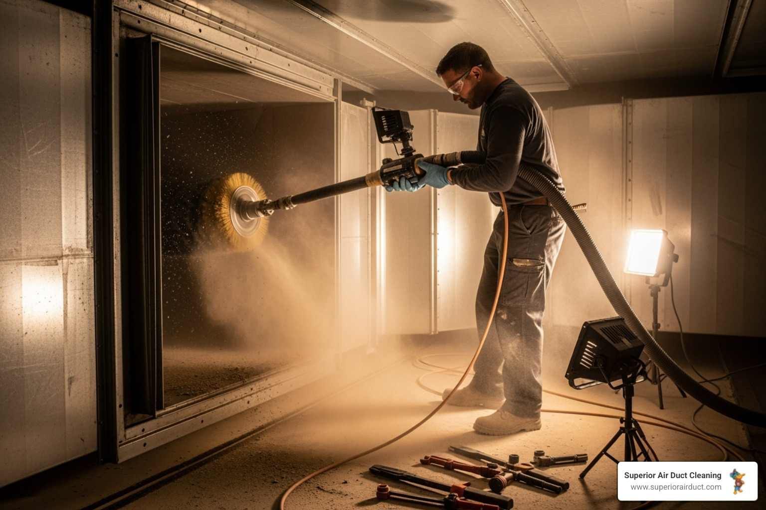 technician using specialized hose and brush system inside an air duct - mold in air ducts cleaning new brighton pa