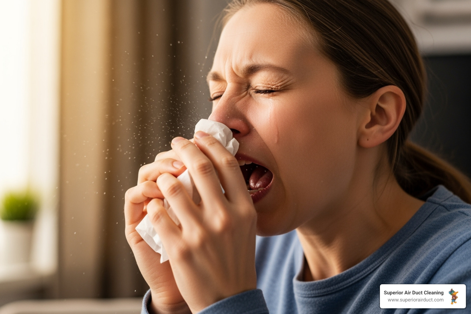 person sneezing with watery eyes - mold in air ducts cleaning new brighton pa