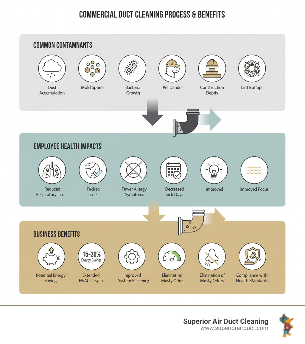Infographic showing the commercial duct cleaning process and benefits: Top section displays common contaminants found in commercial ducts including dust accumulation, mold spores, bacteria growth, pet dander, construction debris, and lint buildup. Middle section illustrates health impacts on employees such as reduced respiratory issues, fewer allergy symptoms, decreased sick days, and improved focus. Bottom section shows business benefits including 15-30% potential energy savings, extended HVAC lifespan, improved system efficiency, elimination of musty odors, and compliance with health standards. Icons represent each category with arrows showing the flow from dirty ducts to clean ducts to positive outcomes. - commercial duct cleaning boardman oh infographic 