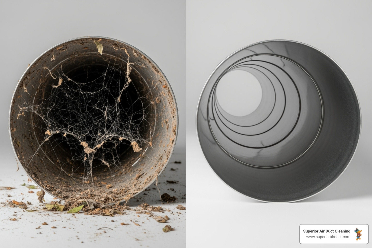 side-by-side comparison of a dirty duct and a clean duct - commercial duct cleaning boardman oh