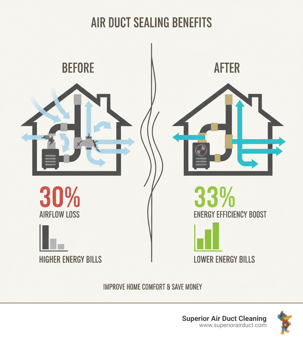 of a diagram showing energy savings before and after duct sealing - air duct repair boardman oh infographic 