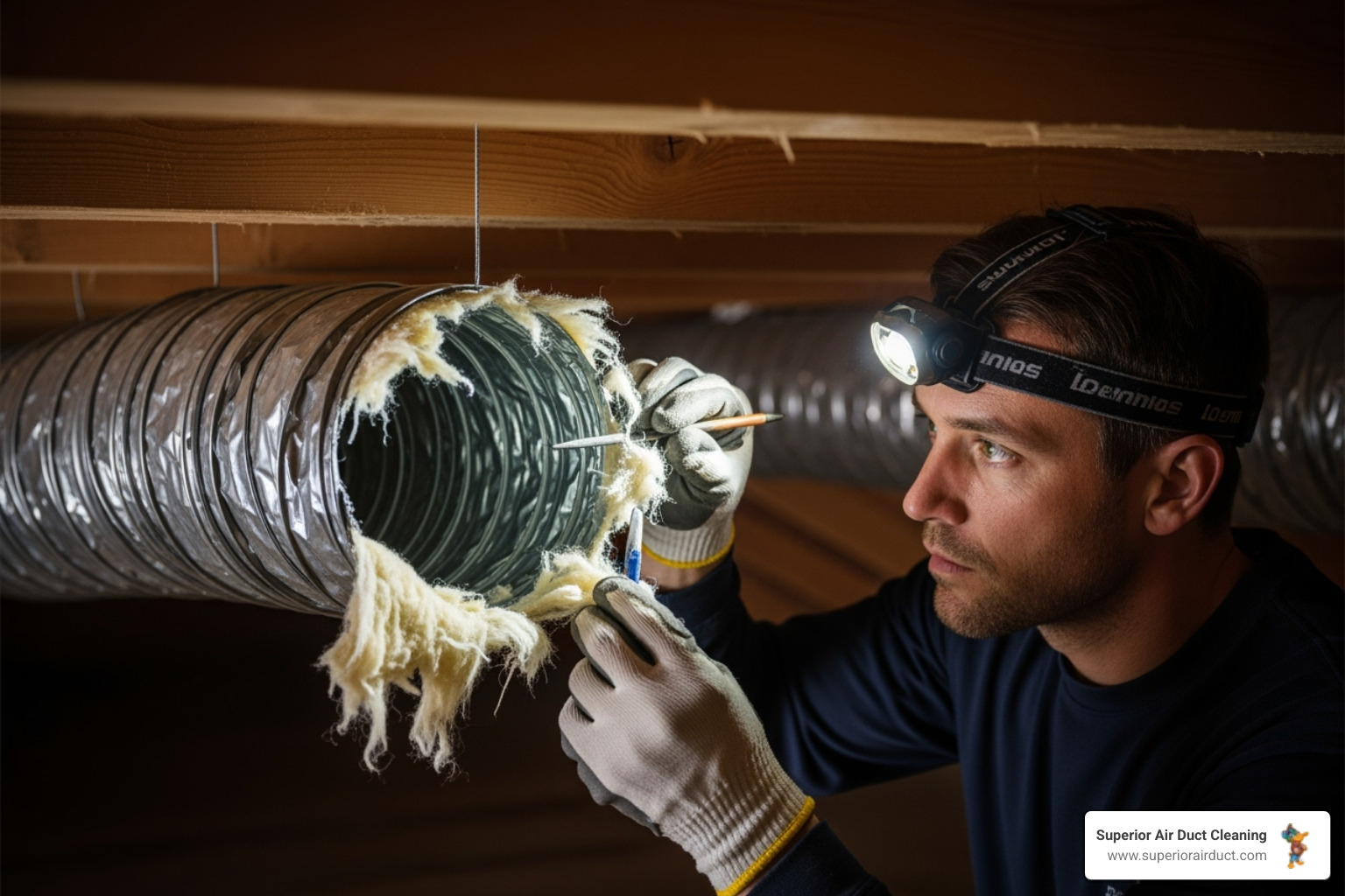of a technician inspecting a damaged flexible duct in an attic - air duct repair boardman oh