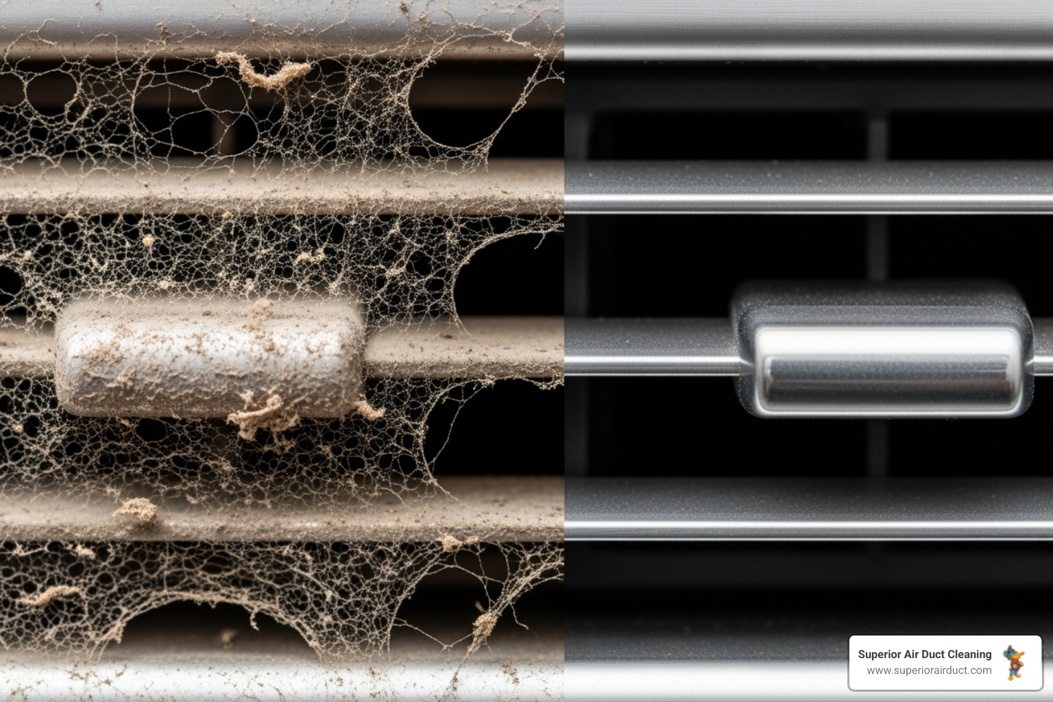 of a dusty, dirty air vent next to a clean one - air duct repair boardman oh