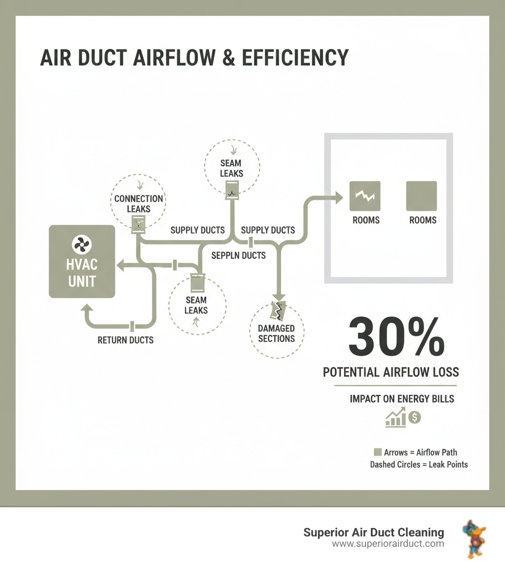 Infographic showing the complete airflow path from HVAC unit through supply ducts to rooms and back through return ducts, highlighting common leak points at connections, seams, and damaged sections, with statistics showing 30% potential airflow loss and impact on energy bills - air duct repair boardman oh infographic 