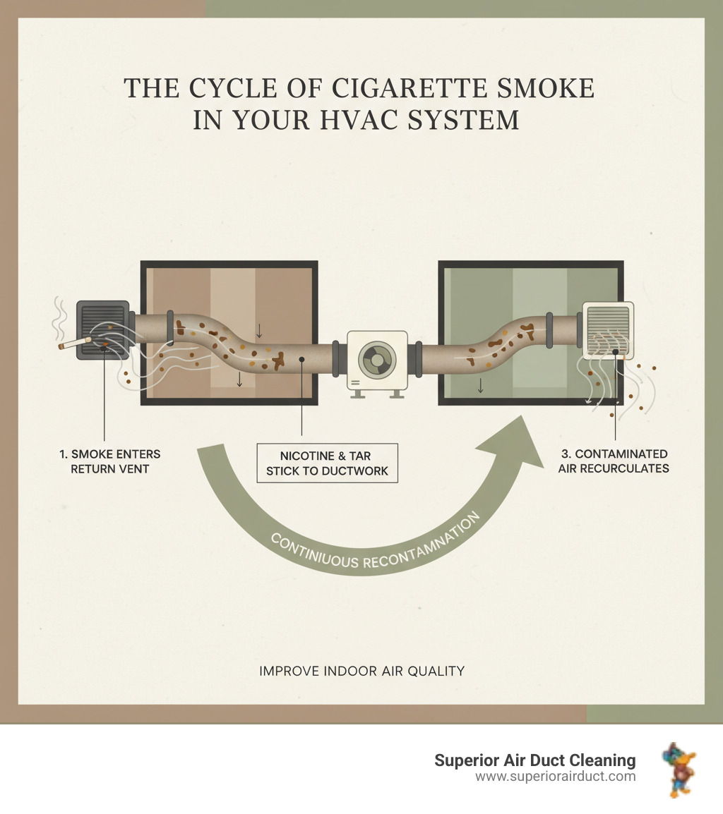 Infographic showing how cigarette smoke enters the HVAC system through return vents, travels through ductwork where nicotine and tar particles stick to interior surfaces, and then recirculates contaminated air through supply vents into every room, with arrows indicating the continuous cycle of recontamination - cigarette smoke odor ducts aliquippa pa infographic 