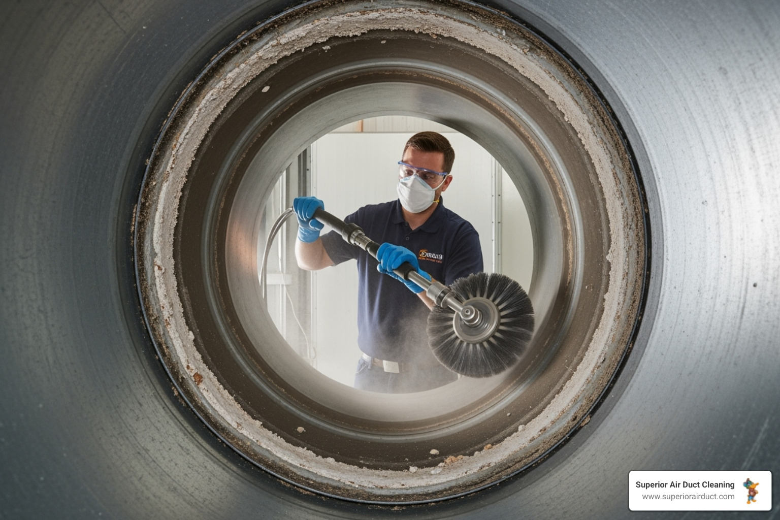 technician using a rotary brush inside a large air duct - cigarette smoke odor ducts aliquippa pa