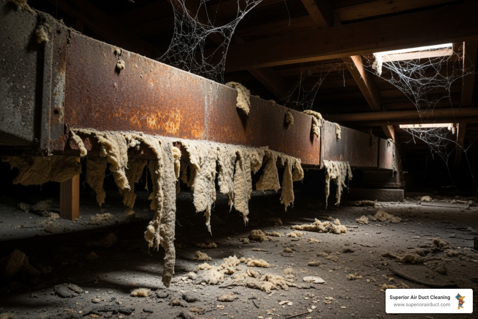 Old, corroded air duct in an attic - air duct installation monaca pa