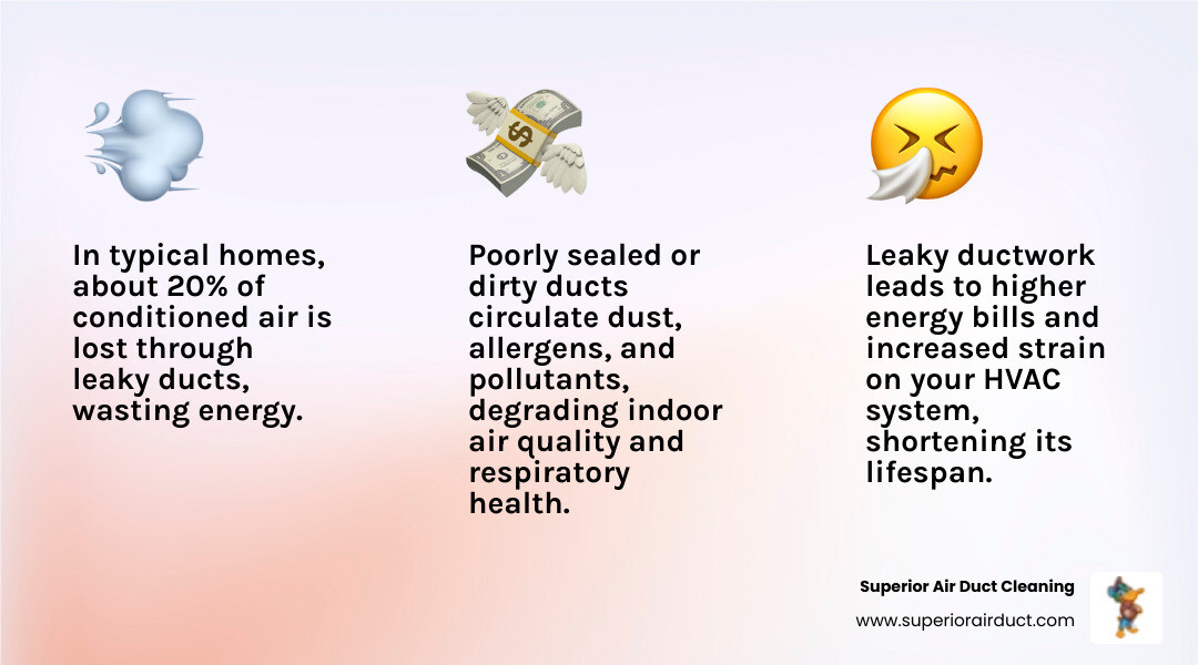Infographic showing how leaky or poorly installed air ducts waste 20% of conditioned air through holes and poor connections, leading to higher energy bills, uneven temperatures throughout the home, increased HVAC system strain and reduced lifespan, and circulation of dust, allergens, and pollutants that harm indoor air quality and respiratory health - air duct installation monaca pa infographic 3_facts_emoji_light-gradient