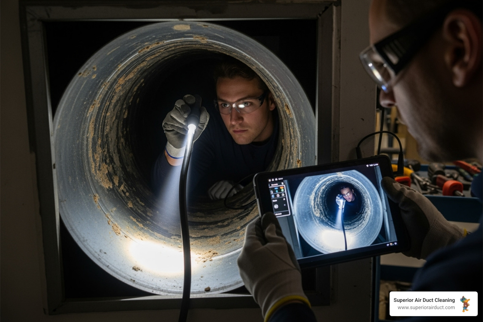 a technician using a high-resolution camera to inspect the inside of an air duct - air duct inspection cranberry township pa