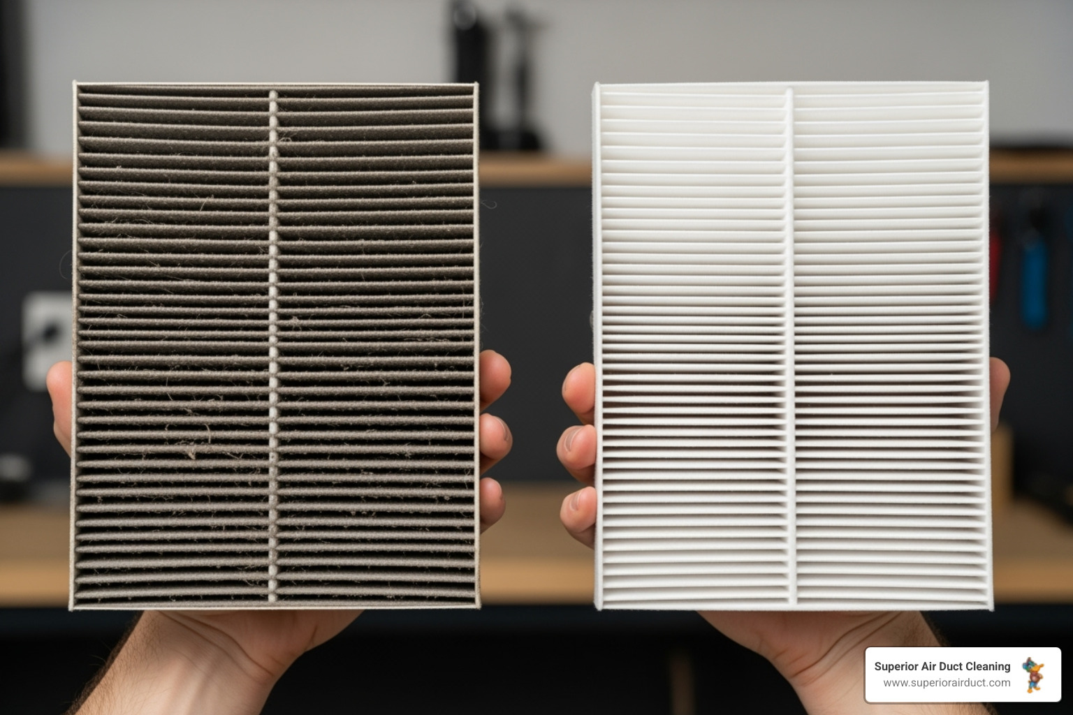 a dirty, clogged air filter held up for comparison against a clean one - air duct inspection cranberry township pa