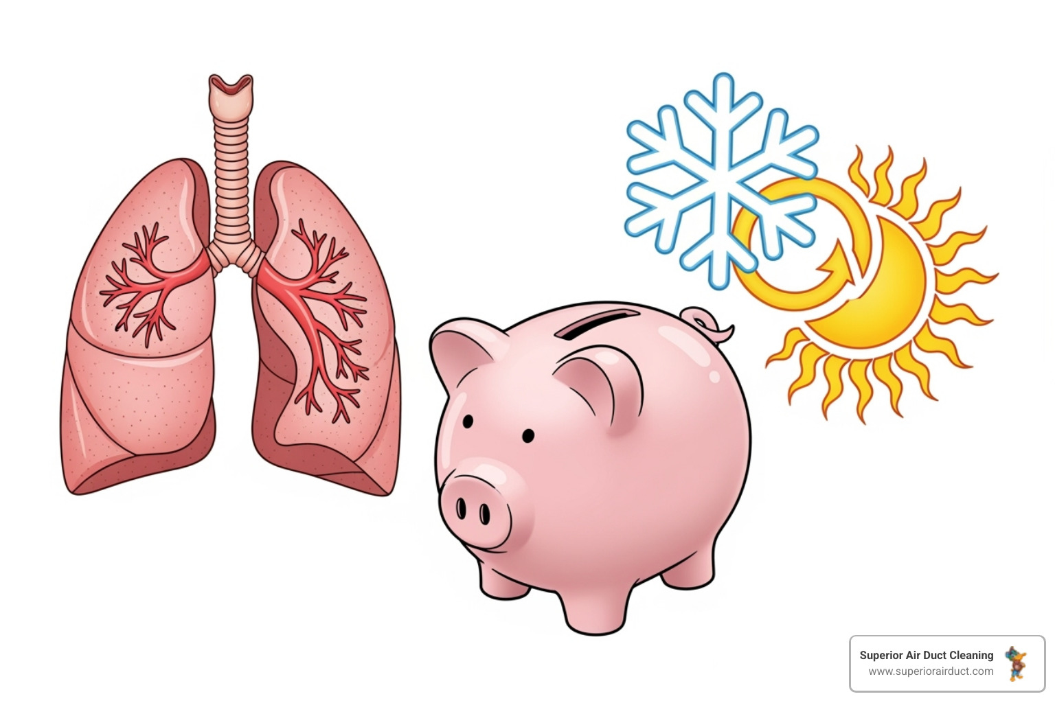 a graphic highlighting benefits: a lung for health, a piggy bank for savings, and a snowflake/sun for comfort - air duct inspection cranberry township pa