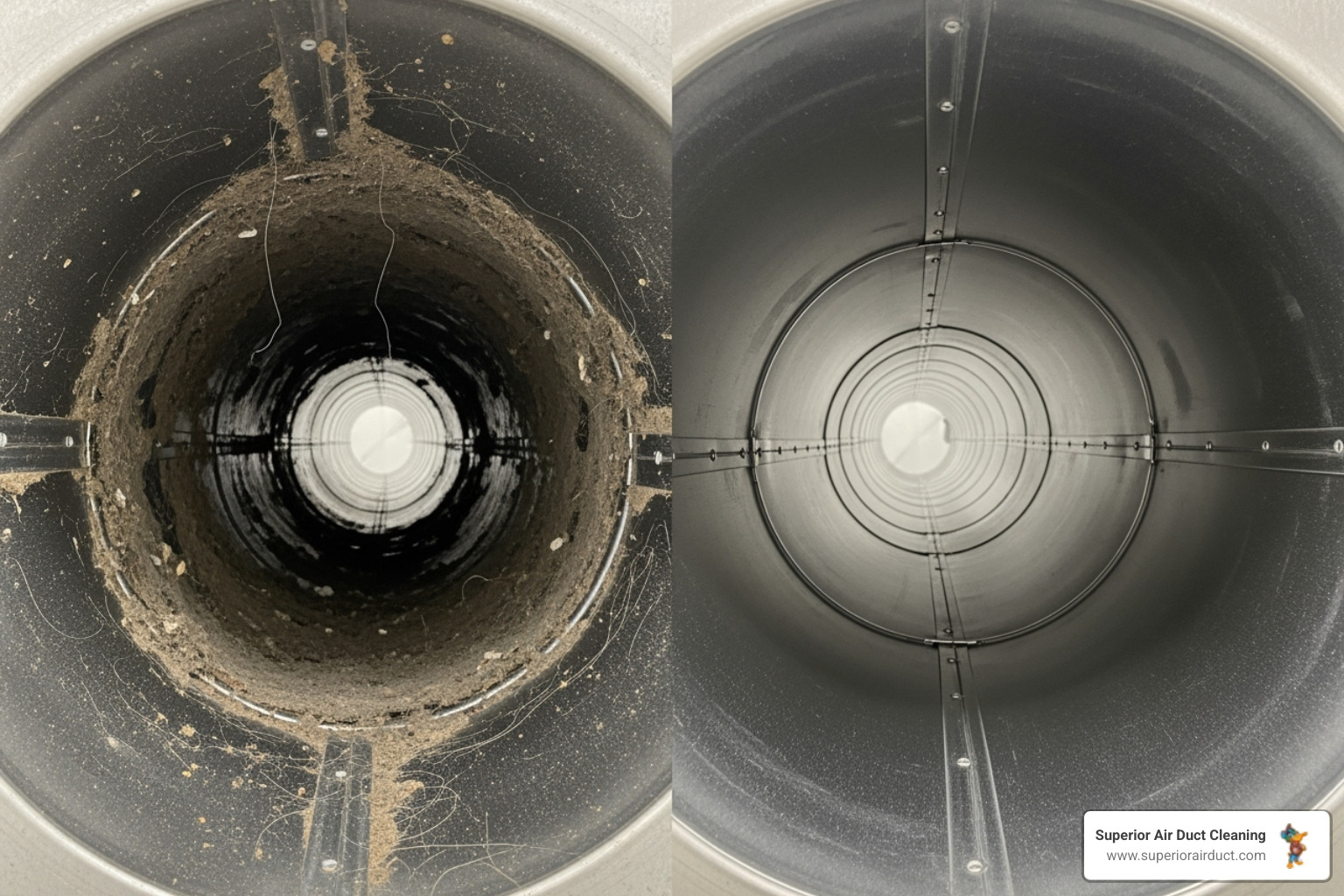 side-by-side comparison showing a dirty air duct interior next to a clean one - air duct cleaning ambridge pa