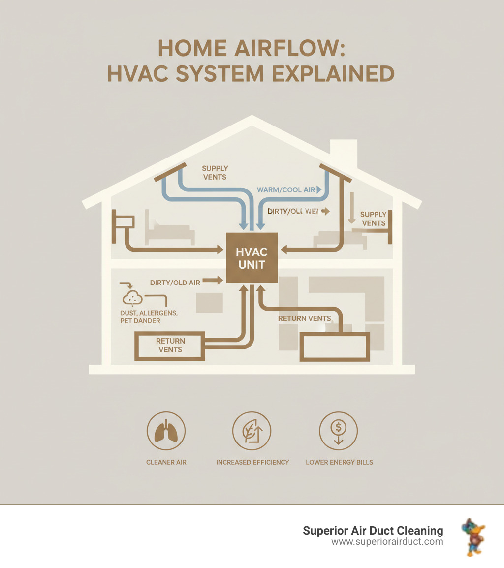 Infographic explaining how an HVAC system circulates air through ductwork in a typical home - air duct cleaning ambridge pa infographic 