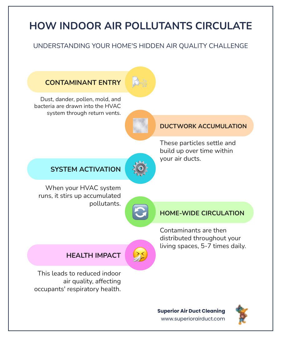 Infographic showing how dust, pet dander, pollen, mold spores, and bacteria enter a home's HVAC system through return vents, accumulate in ductwork over time, and then circulate throughout living spaces each time the system runs, affecting air quality in bedrooms, living rooms, and kitchens - remove dust from air ducts pittsburgh pa infographic infographic-line-5-steps-colors Infographic showing how dust, pet dander, pollen, mold spores, and bacteria enter a home's HVAC system through return vents, accumulate in ductwork over time, and then circulate throughout living spaces each time the system runs, affecting air quality in bedrooms, living rooms, and kitchens - remove dust from air ducts pittsburgh pa infographic infographic-line-5-steps-colors