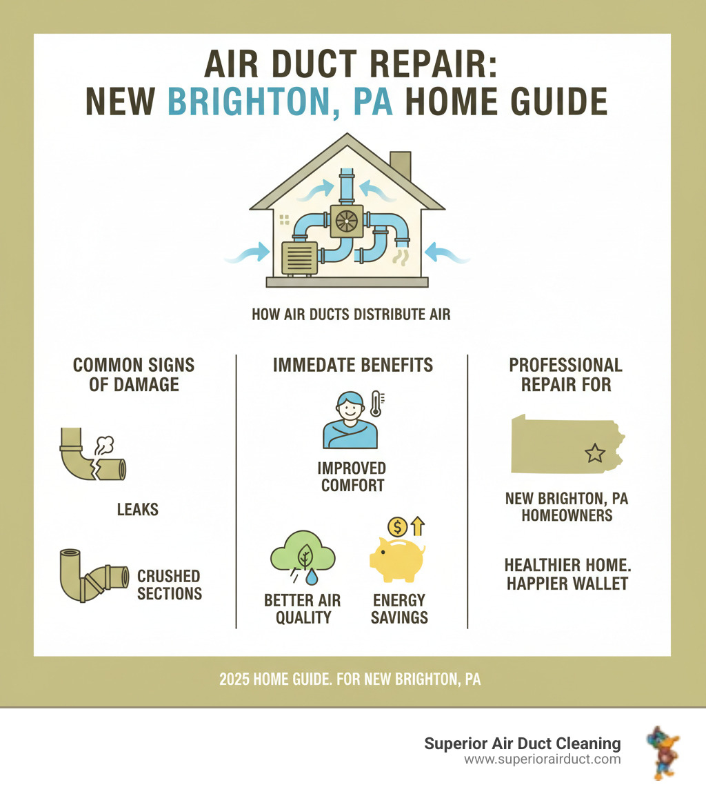Infographic detailing how air ducts distribute air, common signs of duct damage (leaks, holes, crushed sections), and the immediate benefits of professional air duct repair for New Brighton, PA homeowners, including improved comfort, better air quality, and energy savings. - air duct repair new brighton pa infographic  Infographic detailing how air ducts distribute air, common signs of duct damage (leaks, holes, crushed sections), and the immediate benefits of professional air duct repair for New Brighton, PA homeowners, including improved comfort, better air quality, and energy savings. - air duct repair new brighton pa infographic