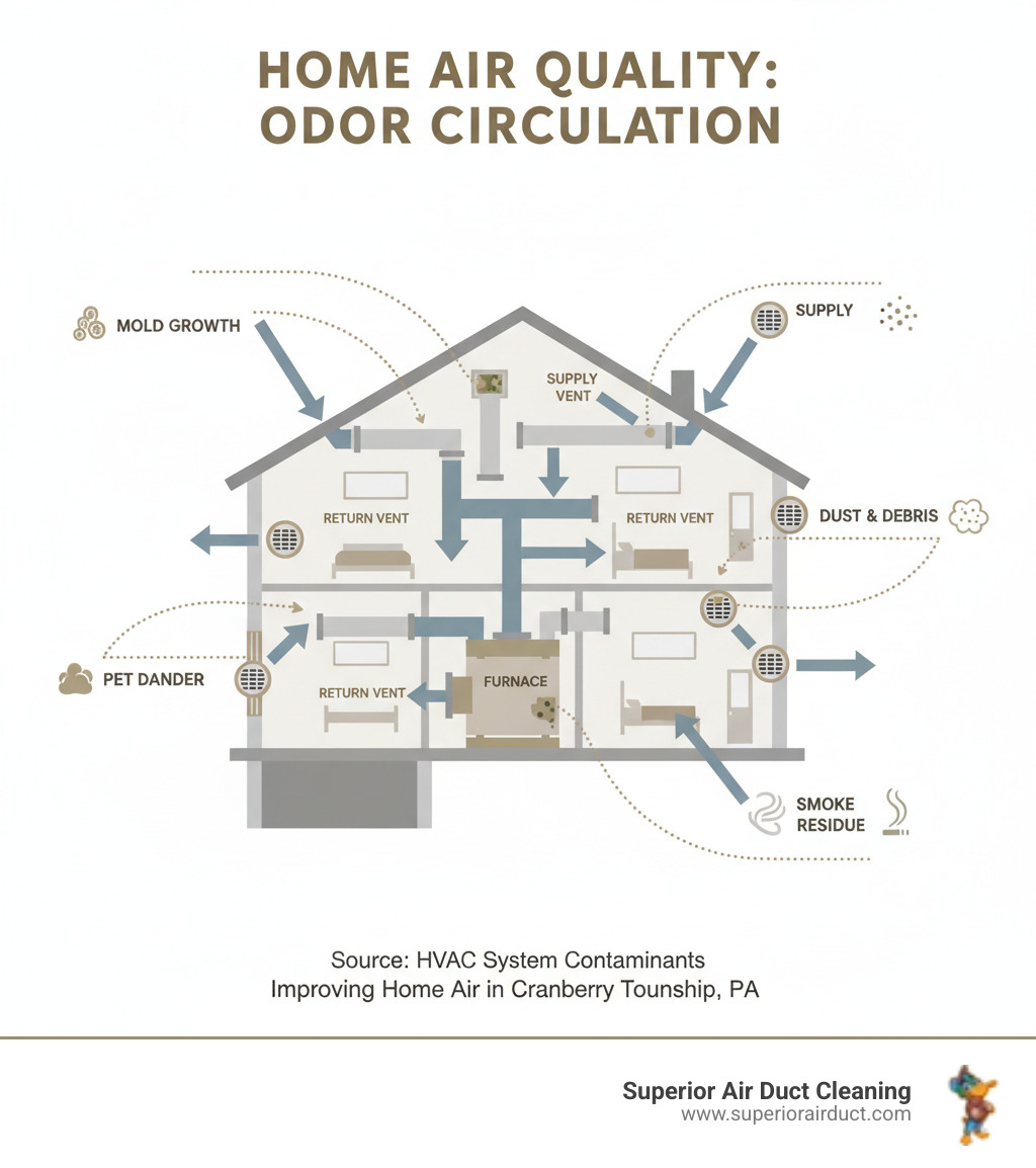 infographic showing how odors from mold growth in ducts, pet dander accumulation, dust and debris buildup, and smoke residue circulate through a home's HVAC system and into living spaces, with arrows indicating airflow patterns and common odor sources labeled at furnace, ductwork joints, and return vents - duct deodorizing cranberry township pa infographic 