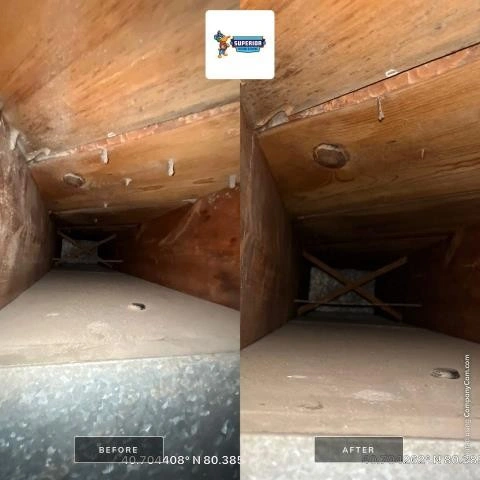 A split image shows a dirty wooden air duct "BEFORE" cleaning, filled with dust and debris, and the same duct "AFTER" cleaning, appearing much cleaner.