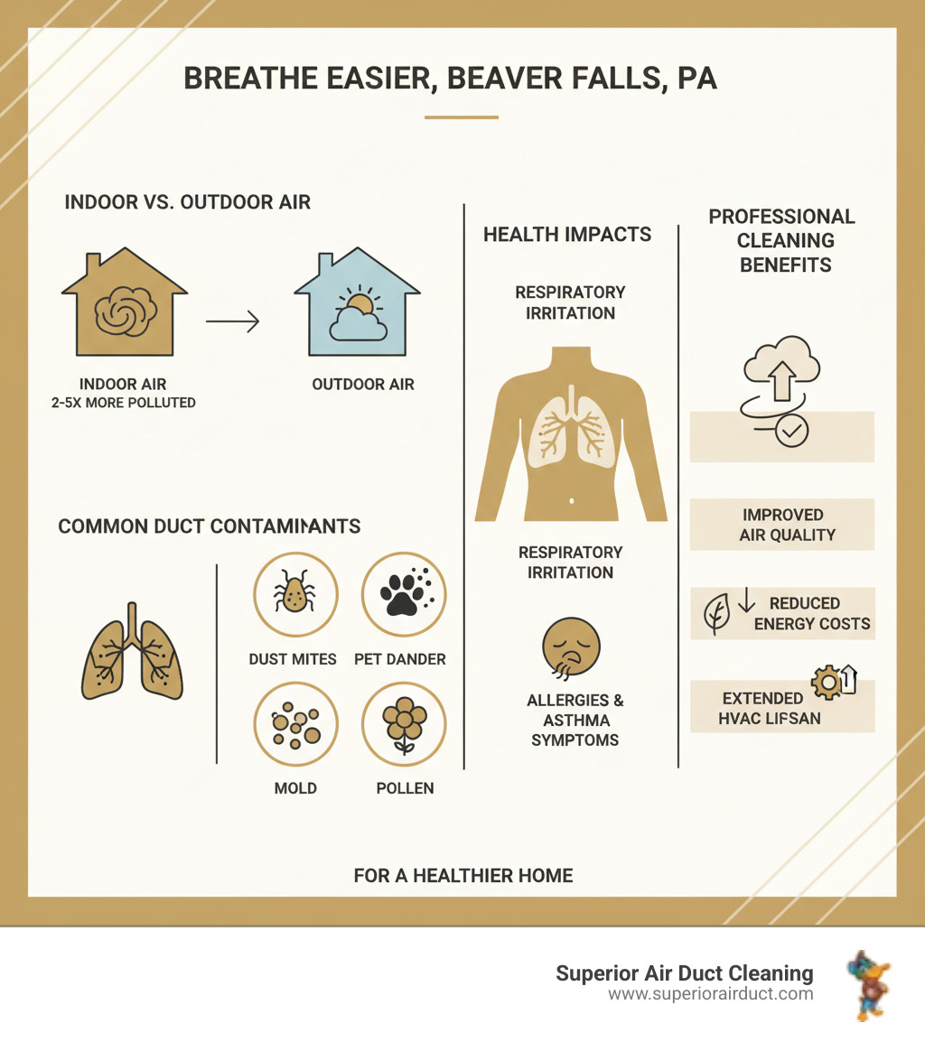 infographic showing indoor air pollution levels compared to outdoor air, common duct contaminants including dust mites pet dander mold and pollen, health impacts on respiratory system and allergies, and benefits of professional cleaning including improved air quality reduced energy costs and extended HVAC lifespan - air duct cleaning beaver falls pa infographic 