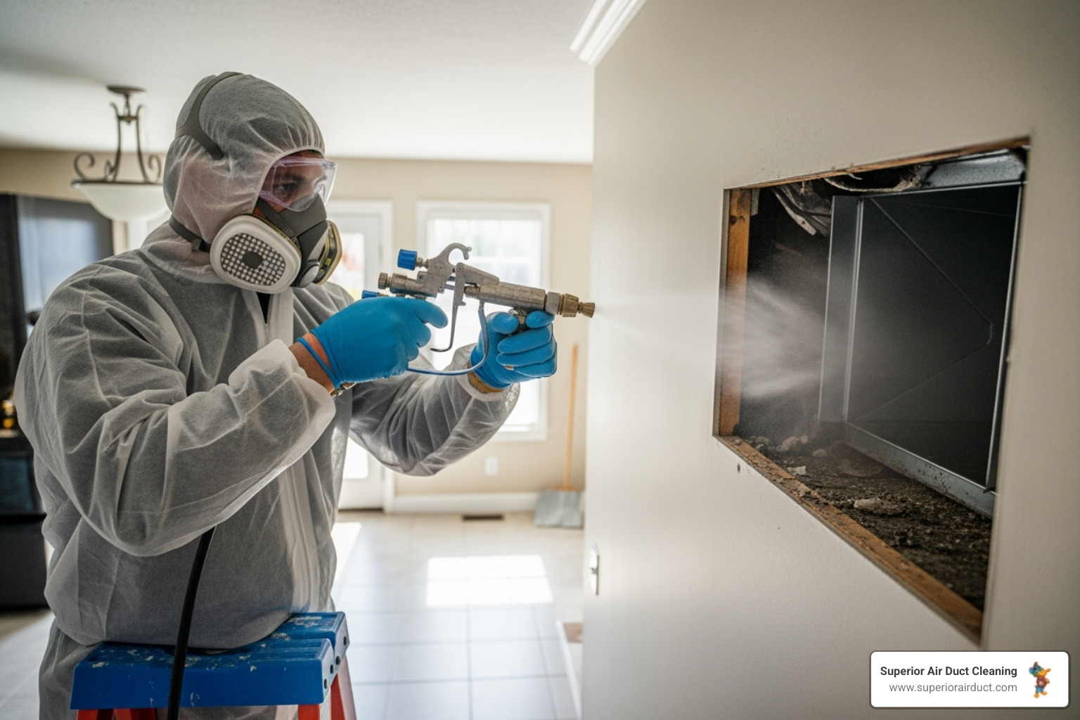 Technician applying a sanitizing agent into a duct system - air duct sanitizing for allergies youngstown oh