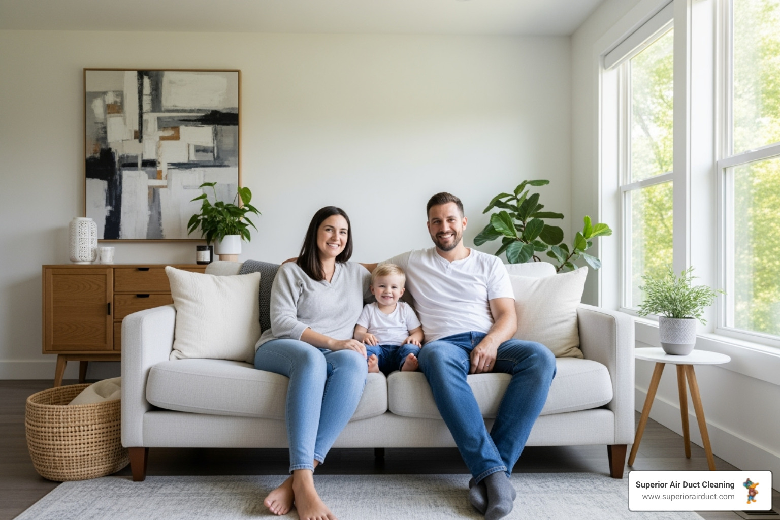 Family breathing easily in a clean living room - air duct sanitizing for allergies youngstown oh