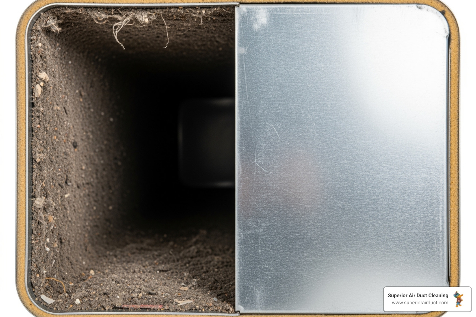 dirty air duct interior next to a clean one - commercial ductwork cleaning rochester pa