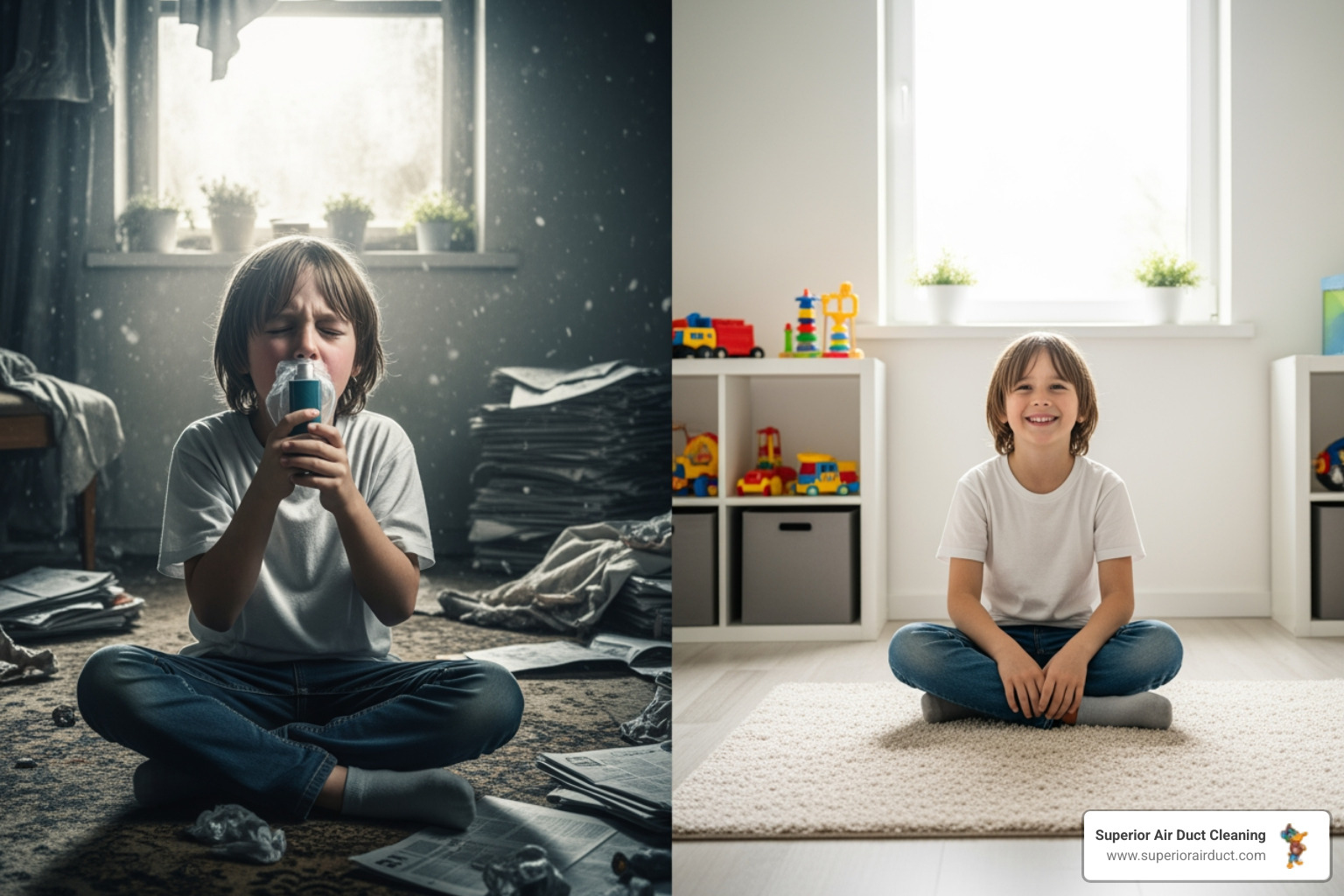 image of a child with asthma using an inhaler in a dusty room contrasted with a clean room - "What are some services that can improve air quality in my home in Allegheny County, PA?" image of a child with asthma using an inhaler in a dusty room contrasted with a clean room - "What are some services that can improve air quality in my home in Allegheny County, PA?"