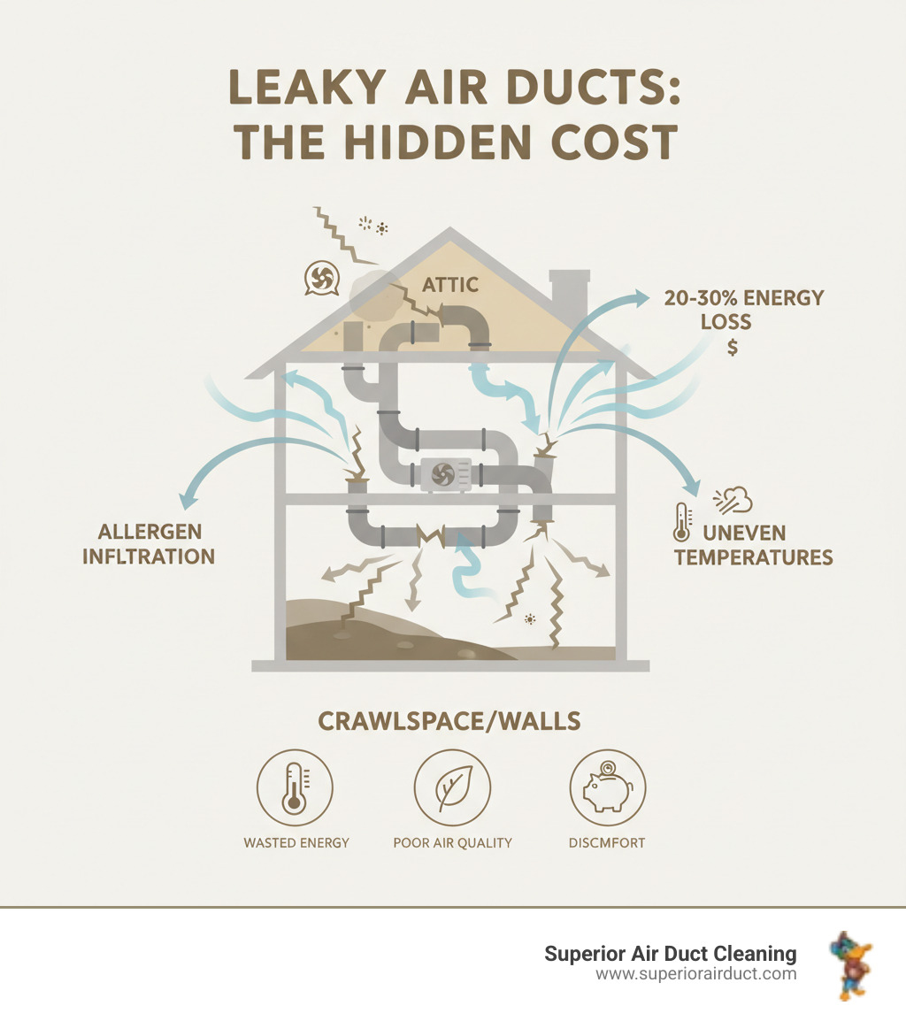 Infographic showing how leaky air ducts waste conditioned air and pull in pollutants from attics, crawlspaces, and walls, with arrows indicating 20-30% energy loss, allergen infiltration, and uneven temperatures throughout a home - air duct sealing beaver falls pa infographic Infographic showing how leaky air ducts waste conditioned air and pull in pollutants from attics, crawlspaces, and walls, with arrows indicating 20-30% energy loss, allergen infiltration, and uneven temperatures throughout a home - air duct sealing beaver falls pa infographic