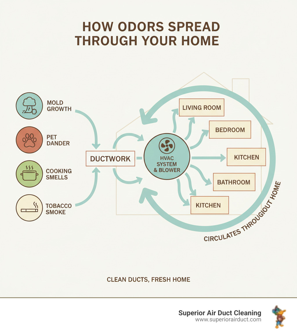 Infographic showing how odors enter ductwork through various sources like mold growth, pet dander, cooking smells, and tobacco smoke, then circulate through the HVAC system blower and distribution ducts to spread throughout every room in the home, with arrows indicating the air flow path - duct deodorizer rochester pa infographic Infographic showing how odors enter ductwork through various sources like mold growth, pet dander, cooking smells, and tobacco smoke, then circulate through the HVAC system blower and distribution ducts to spread throughout every room in the home, with arrows indicating the air flow path - duct deodorizer rochester pa infographic