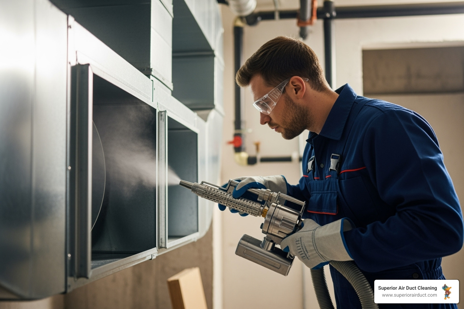 A professional HVAC technician carefully applying a deodorizing agent into an open air duct using specialized fogging equipment, ensuring even distribution throughout the system - duct deodorizer rochester pa A professional HVAC technician carefully applying a deodorizing agent into an open air duct using specialized fogging equipment, ensuring even distribution throughout the system - duct deodorizer rochester pa