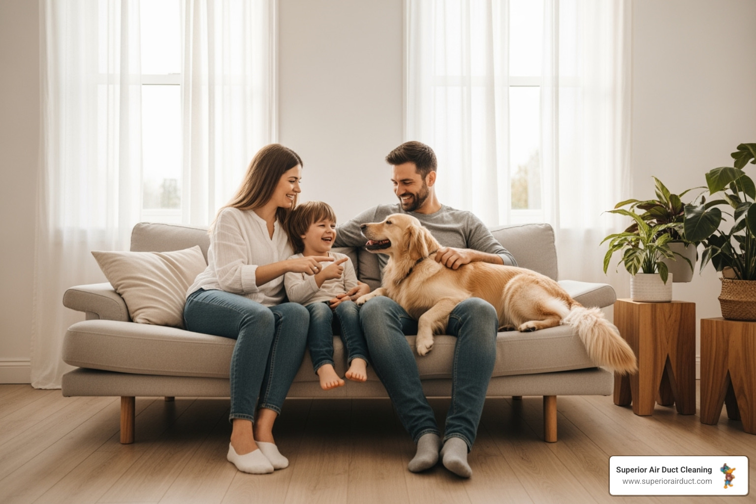 A happy family, including a child and a pet dog, sitting comfortably on a sofa in a clean, brightly lit living room, breathing easily with smiles on their faces - duct deodorizer rochester pa A happy family, including a child and a pet dog, sitting comfortably on a sofa in a clean, brightly lit living room, breathing easily with smiles on their faces - duct deodorizer rochester pa