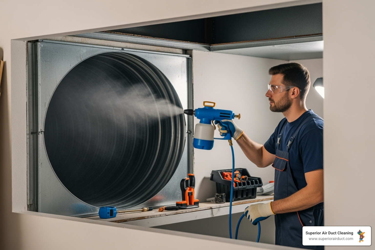 technician using specialized electrostatic sprayer in ductwork - hvac disinfection boardman oh