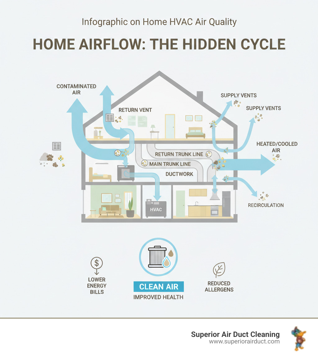 Infographic showing how dust, pet dander, pollen, and debris accumulate in a home's HVAC ductwork and circulate through supply vents into living spaces, with arrows indicating airflow patterns through the system and highlighting common contamination points like return vents, main trunk lines, and registers - air duct cleaning canfield oh infographic Infographic showing how dust, pet dander, pollen, and debris accumulate in a home's HVAC ductwork and circulate through supply vents into living spaces, with arrows indicating airflow patterns through the system and highlighting common contamination points like return vents, main trunk lines, and registers - air duct cleaning canfield oh infographic