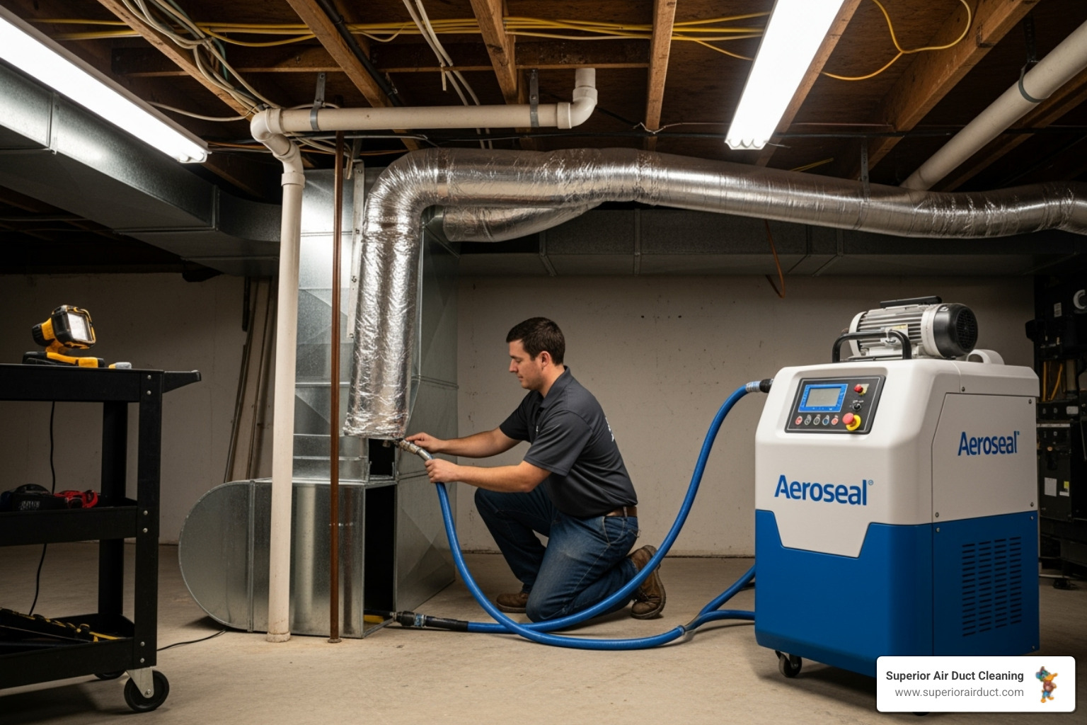 A technician connecting specialized Aeroseal equipment to a home's duct system, showing the setup for internal duct sealing. - air duct sealing canfield oh