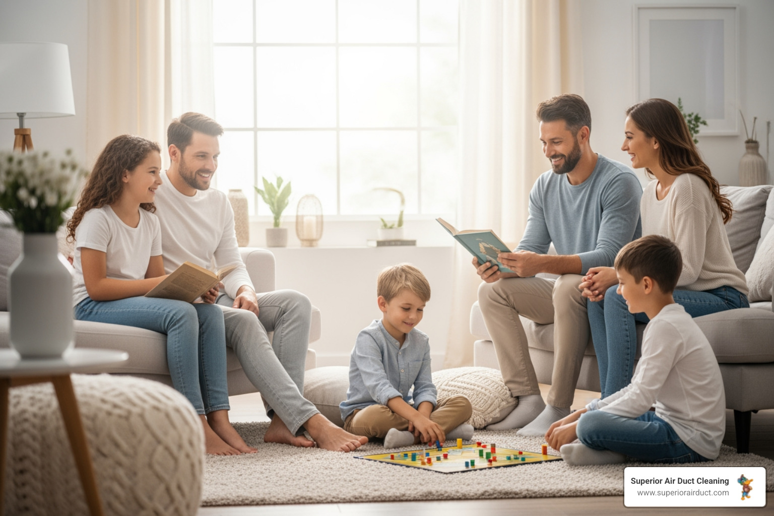 family enjoying fresh, clean air inside their home - Who offers professional ductwork cleaning in Pittsburgh, PA?" family enjoying fresh, clean air inside their home - Who offers professional ductwork cleaning in Pittsburgh, PA?"