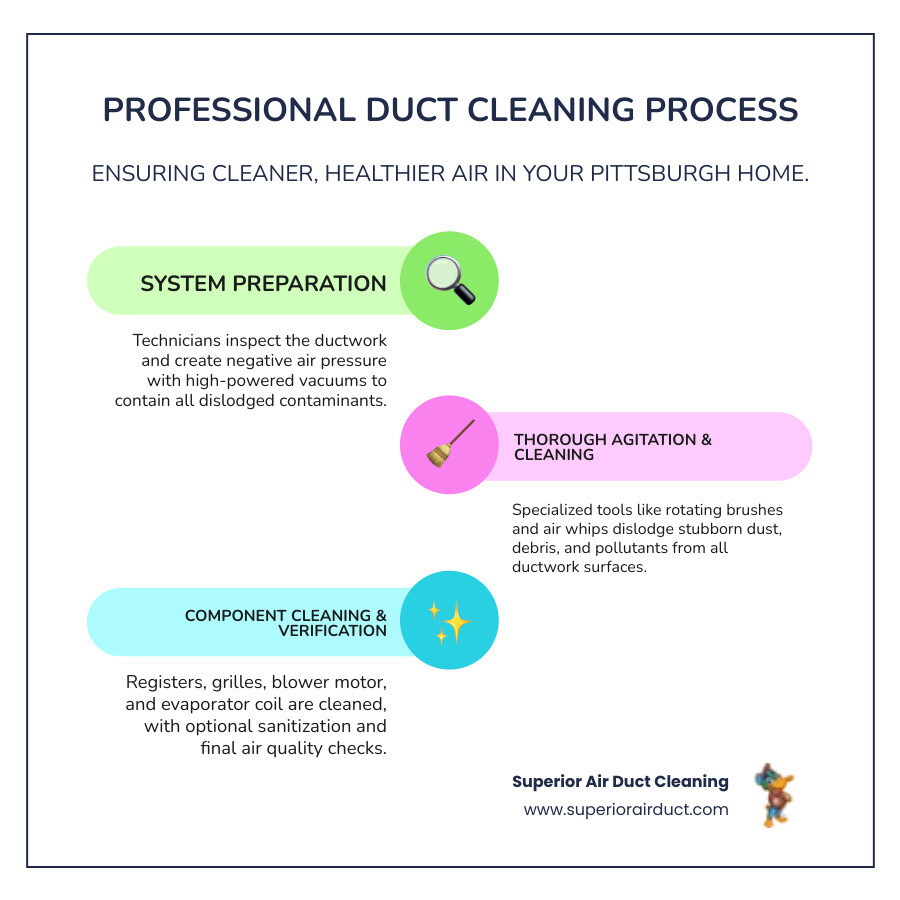 Infographic showing the air duct cleaning process: inspection of system, connection of high-powered vacuum creating negative pressure, agitation using rotating brushes and air whips, cleaning of supply and return ducts, hand-washing of registers and grilles, cleaning of blower motor and evaporator coil, disinfecting treatment, and final air quality testing - Who offers professional ductwork cleaning in Pittsburgh, PA?" infographic infographic-line-3-steps-colors Infographic showing the air duct cleaning process: inspection of system, connection of high-powered vacuum creating negative pressure, agitation using rotating brushes and air whips, cleaning of supply and return ducts, hand-washing of registers and grilles, cleaning of blower motor and evaporator coil, disinfecting treatment, and final air quality testing - Who offers professional ductwork cleaning in Pittsburgh, PA?" infographic infographic-line-3-steps-colors