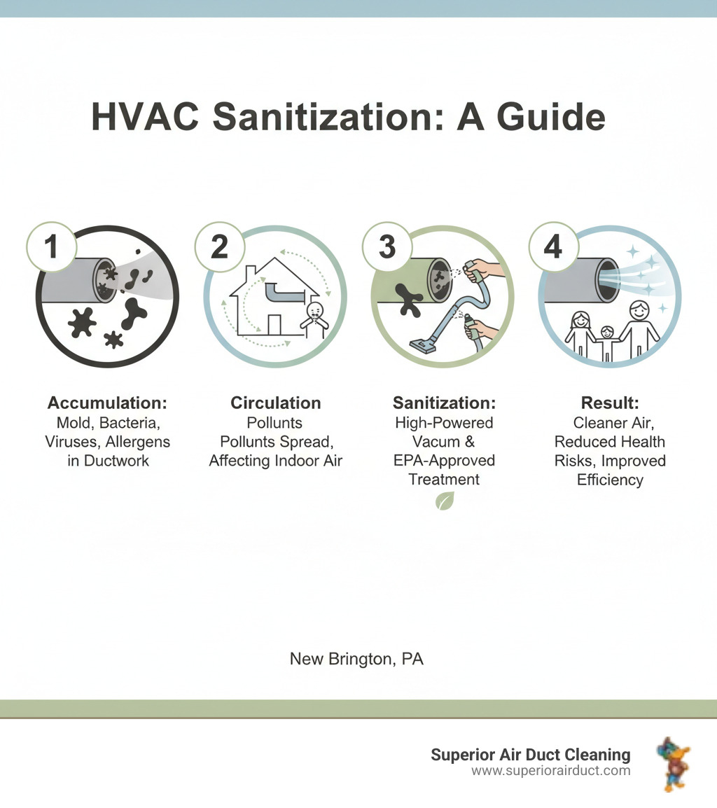 Infographic showing how HVAC sanitization works: 1) Contaminants like mold, bacteria, viruses, and allergens accumulate in ductwork over time, 2) These pollutants circulate through your home every time the system runs, affecting indoor air quality, 3) Professional sanitization uses high-powered vacuums to remove debris, then applies EPA-approved antimicrobial treatment, 4) The result is cleaner air, reduced health risks, and improved HVAC efficiency - hvac sanitization new brighton pa infographic Infographic showing how HVAC sanitization works: 1) Contaminants like mold, bacteria, viruses, and allergens accumulate in ductwork over time, 2) These pollutants circulate through your home every time the system runs, affecting indoor air quality, 3) Professional sanitization uses high-powered vacuums to remove debris, then applies EPA-approved antimicrobial treatment, 4) The result is cleaner air, reduced health risks, and improved HVAC efficiency - hvac sanitization new brighton pa infographic