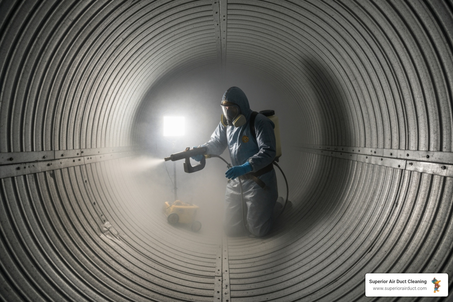 of a technician using a fogging tool in a duct - hvac sanitization new brighton pa of a technician using a fogging tool in a duct - hvac sanitization new brighton pa