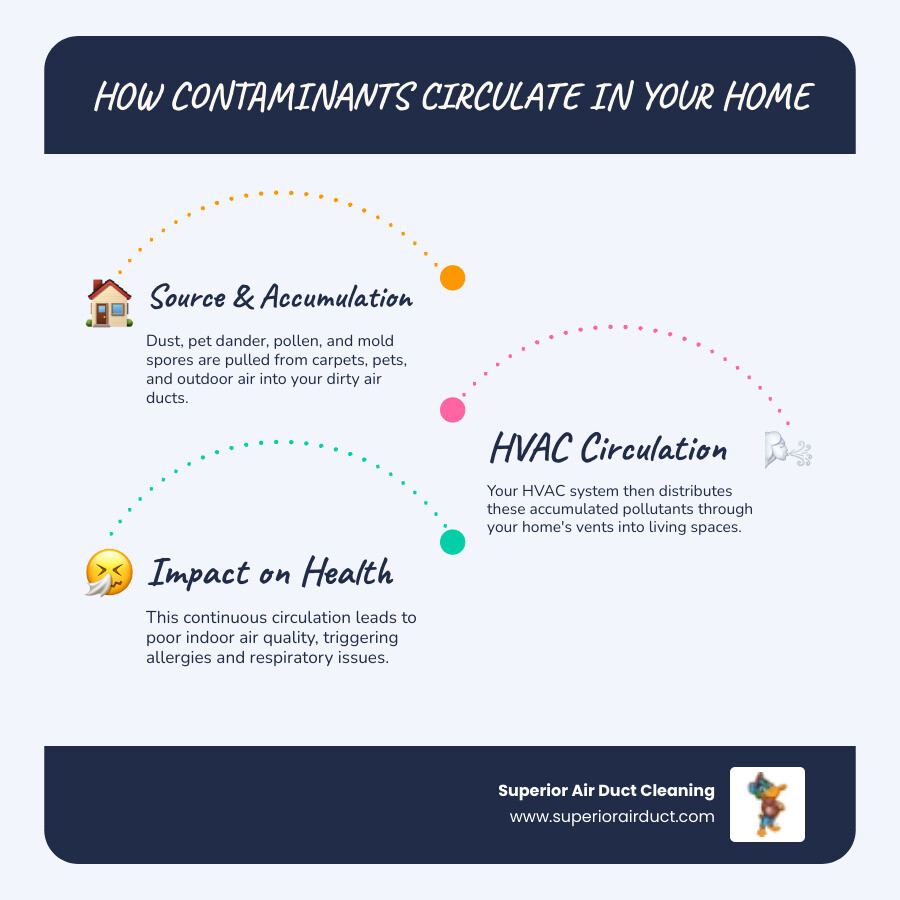 infographic showing how dust, allergens, pet dander, and mold spores circulate through a home's HVAC system from dirty air ducts into living spaces, with arrows indicating airflow patterns and common contaminant sources like carpets, pets, and outdoor air - "I need to find a service to remove dust from the air ducts in my Pittsburgh home. Who should I call?" infographic infographic-line-3-steps-blues-accent_colors
