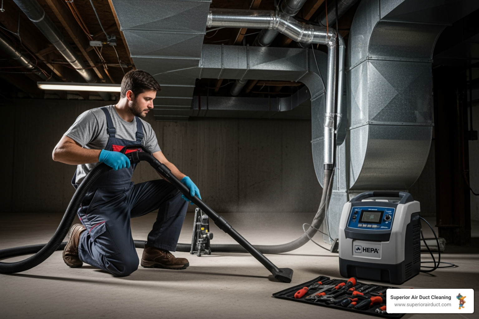 technician using a HEPA vacuum on an air duct system in a residential basement - "I need to find a service to remove dust from the air ducts in my Pittsburgh home. Who should I call?"