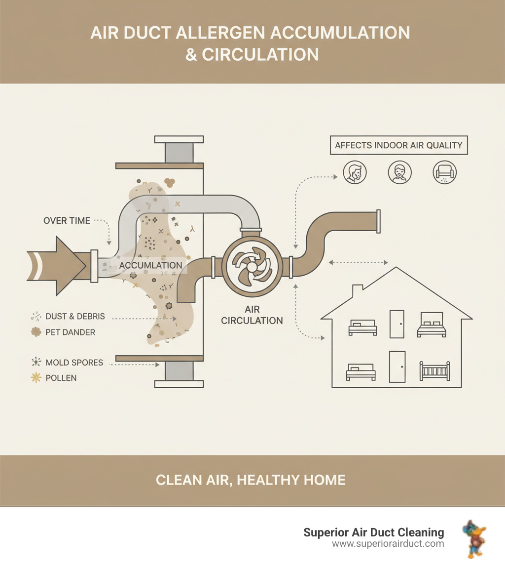 detailed infographic showing how dust allergens pet dander mold and debris accumulate in air ducts over time and circulate through home ventilation system affecting indoor air quality affecting indoor air quality - air duct cleaning cranberry township pa infographic 