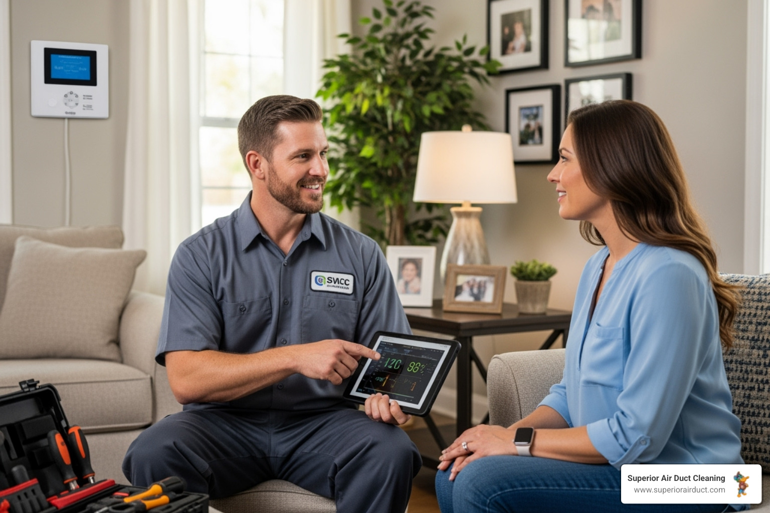 friendly technician talking to a homeowner - air duct repair ambridge pa