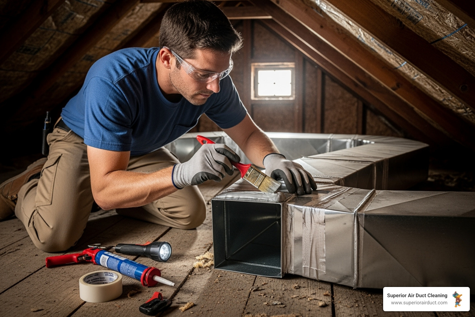 a technician professionally sealing a duct joint - air duct repair ambridge pa