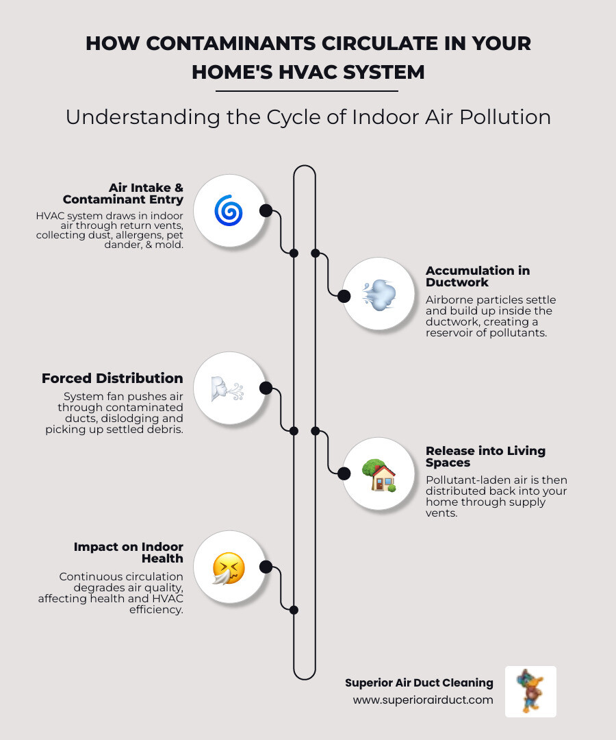 Infographic showing how dust, allergens, pet dander, and mold circulate through a home's HVAC system from the return vents through the ductwork and back out through supply vents into living spaces, with arrows indicating airflow and particles being distributed throughout rooms - Can you recommend a good air vent cleaning service in Mahoning County, OH? infographic infographic-line-5-steps-elegant_beige Infographic showing how dust, allergens, pet dander, and mold circulate through a home's HVAC system from the return vents through the ductwork and back out through supply vents into living spaces, with arrows indicating airflow and particles being distributed throughout rooms - Can you recommend a good air vent cleaning service in Mahoning County, OH? infographic infographic-line-5-steps-elegant_beige