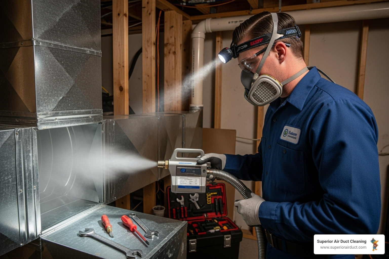 A uniformed HVAC technician carefully using professional fogging equipment to sanitize ductwork in a residential home - hvac sanitizing poland oh