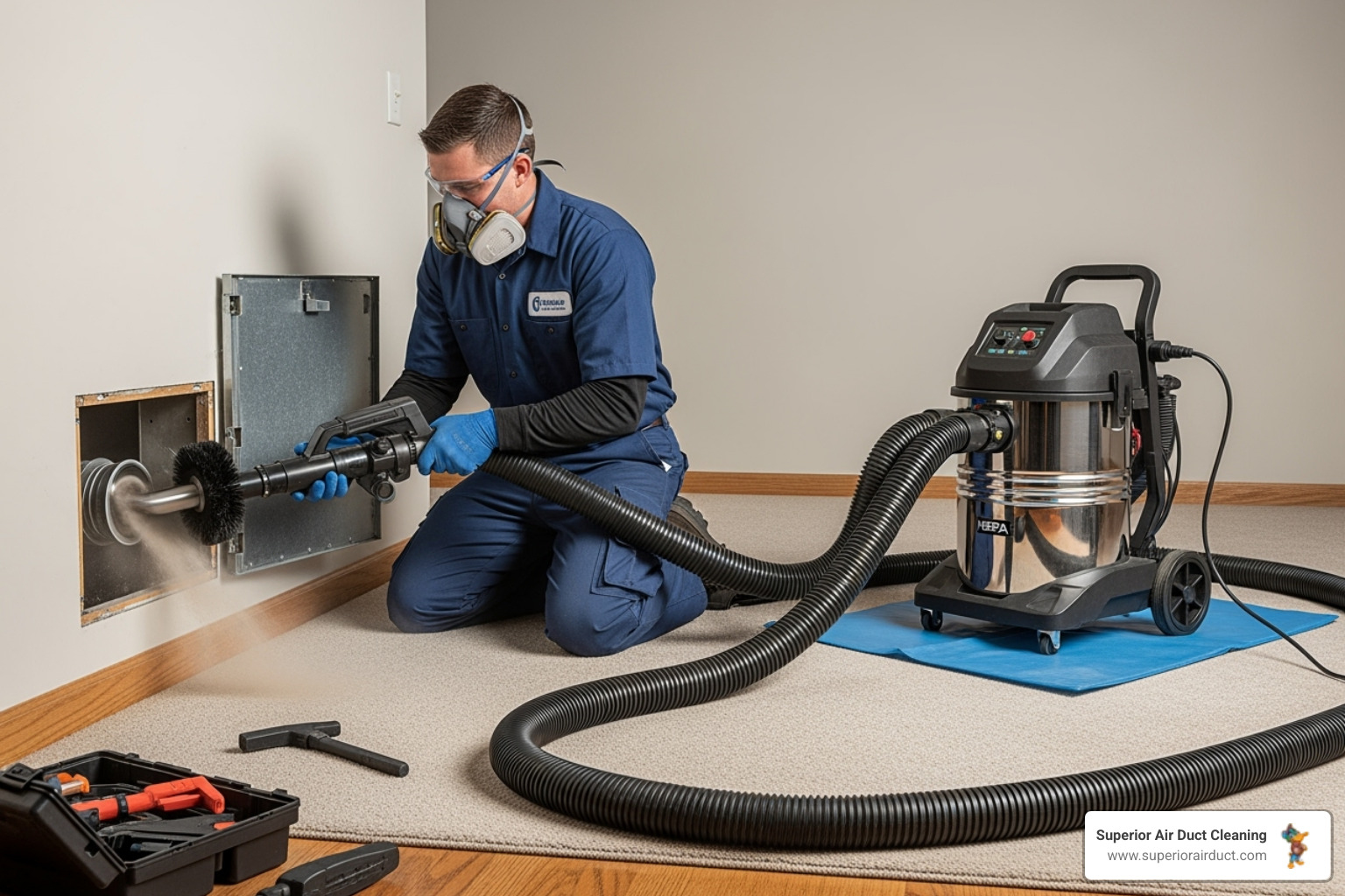 A professional technician using a high-powered vacuum and specialized brush system to clean air ducts - air duct cleaning monaca pa