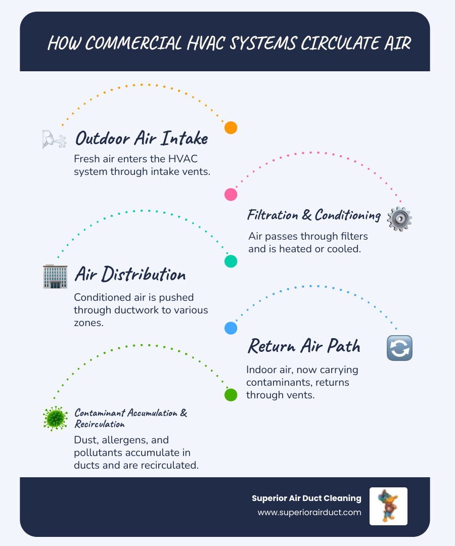 Infographic showing how commercial HVAC systems circulate air: outdoor air enters through intake vents, passes through filters, moves through ductwork to various zones of the building, and returns through return vents where dust, allergens, pollen, mold spores, and bacteria accumulate in the ductwork over time, being recirculated throughout the workspace with each heating and cooling cycle - commercial vent cleaning canfield oh infographic infographic-line-5-steps-blues-accent_colors