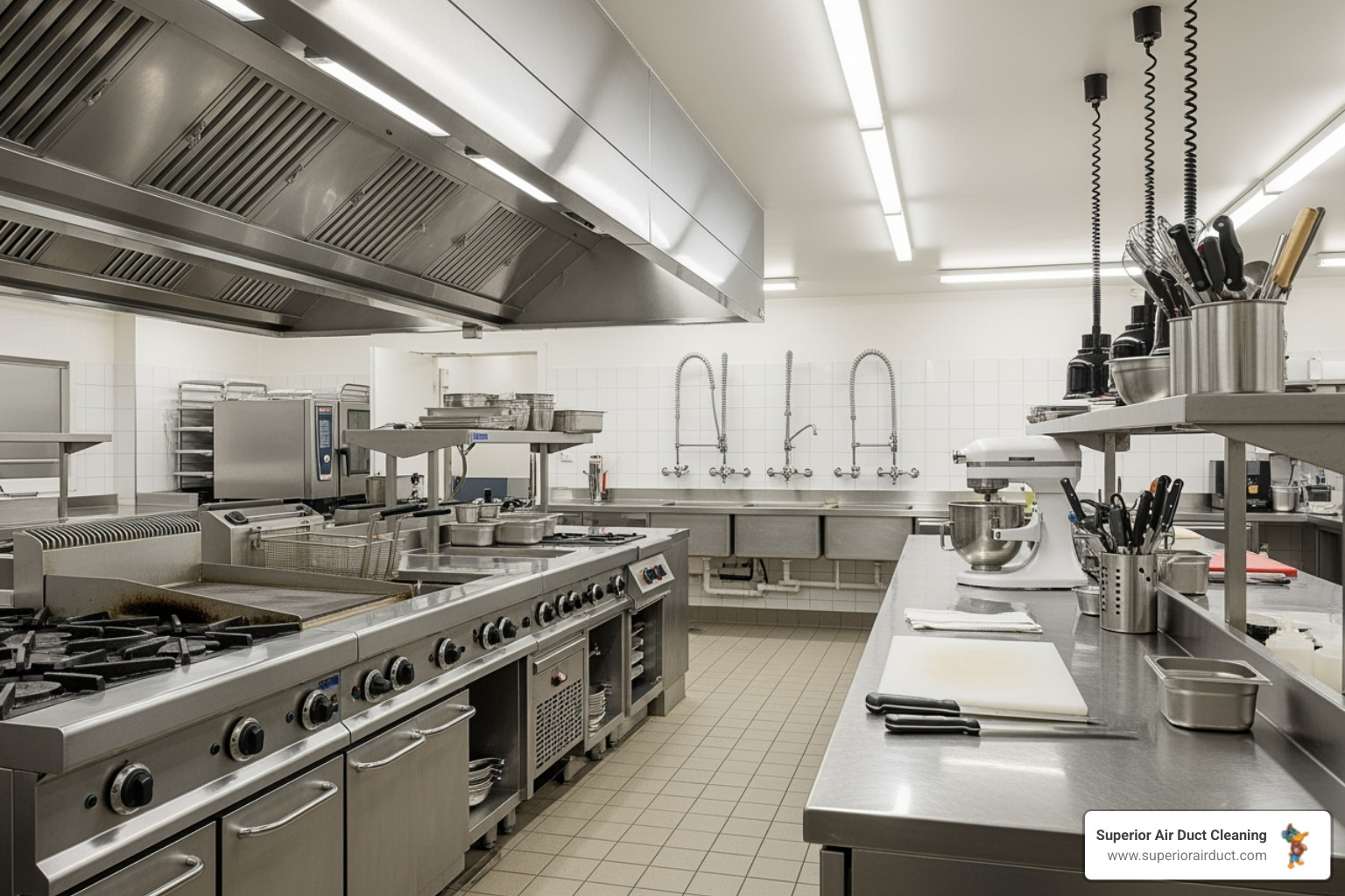 A brightly lit, clean commercial kitchen with polished stainless steel surfaces and sparkling vents, reflecting a high standard of hygiene and professional maintenance. - commercial vent cleaning canfield oh