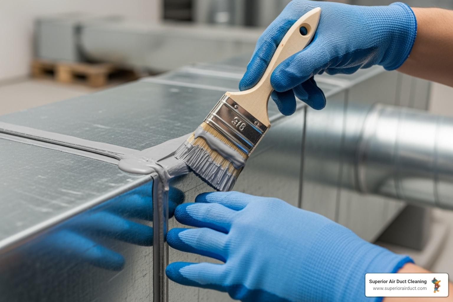 technician applying mastic sealant to a duct joint with a brush - duct leak repair cranberry township pa